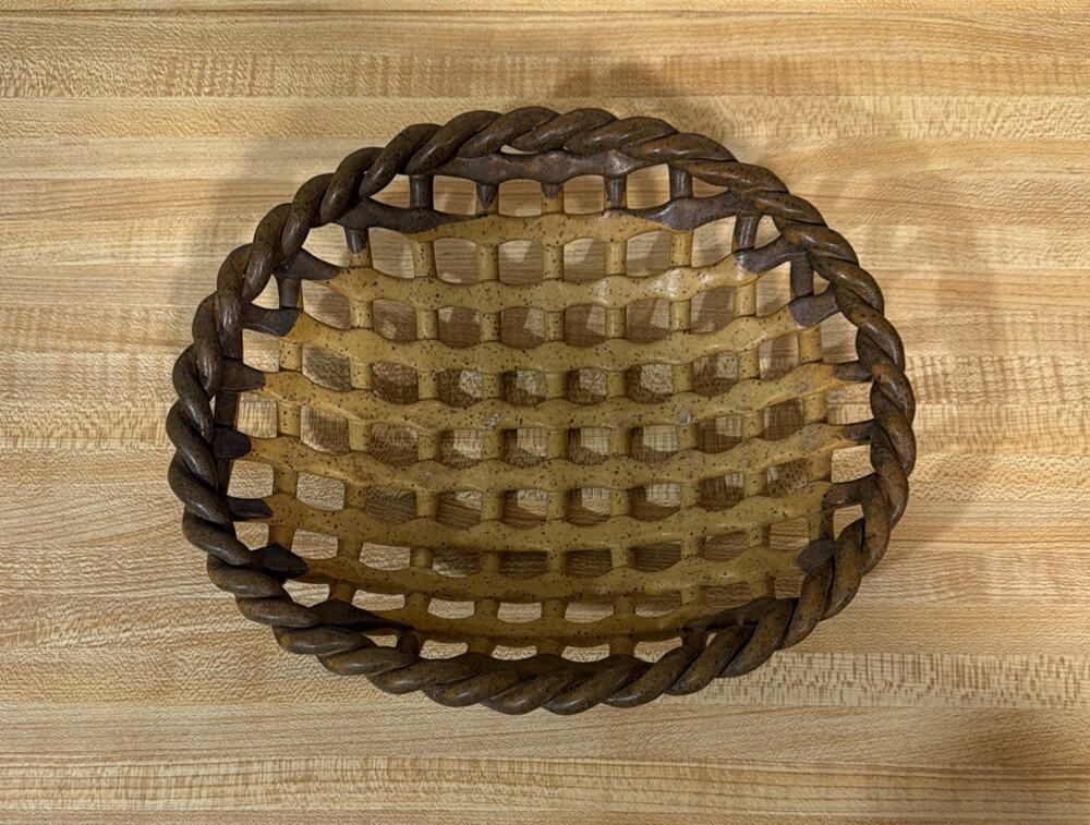 Studio Art Pottery Fruit Basket Open Lattice Woven Stoneware Centerpiece Signed